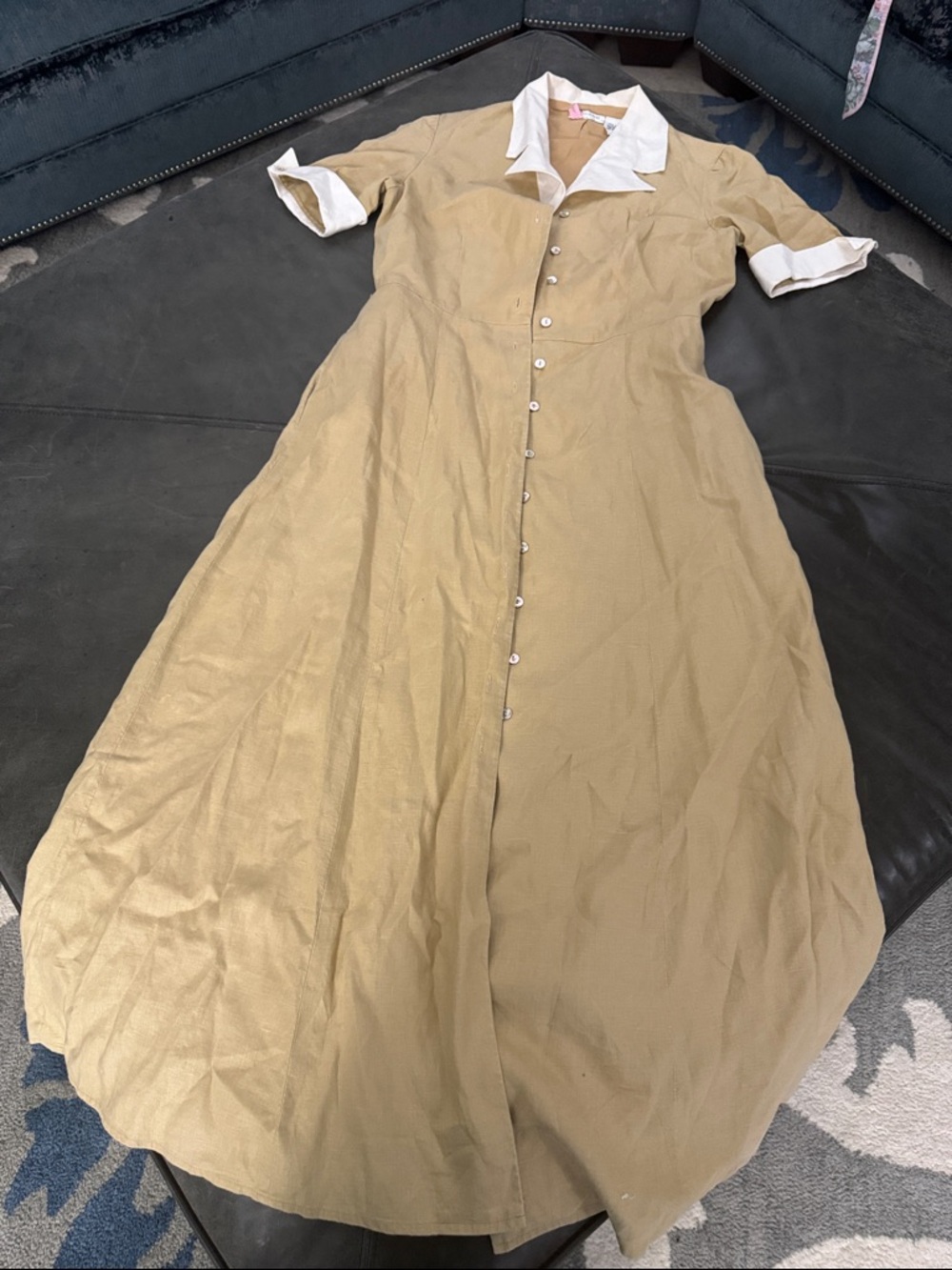 Linen Button-Front Maxi Dress in Beige with White Collar